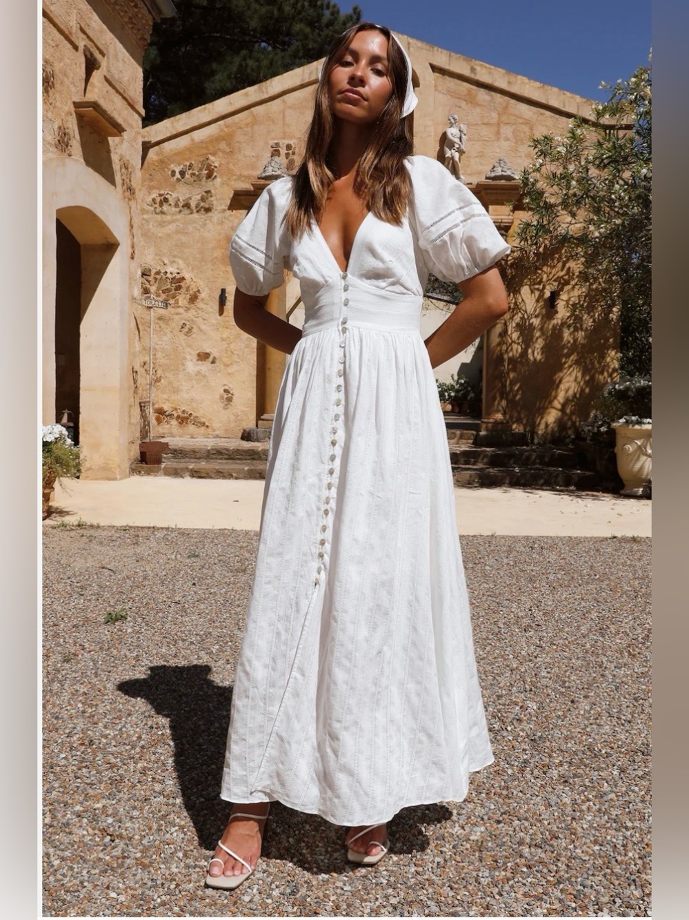 White Puff-Sleeve Button-Front Maxi Dress with Tie Back